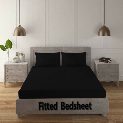 roman 300 TC Cotton Queen Striped Fitted (Elastic) Bedsheet(Pack of 1, Black)