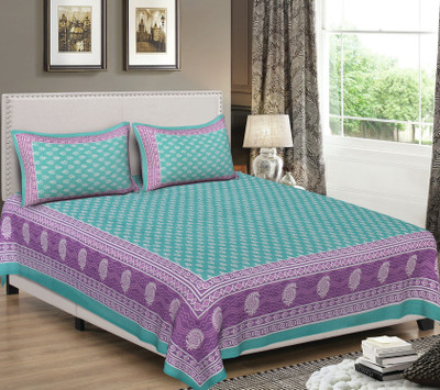 PALANG SHOBHA Cotton Double Flat 120 TC Jaipuri Prints Bedsheet(Pack of 1, Sky)