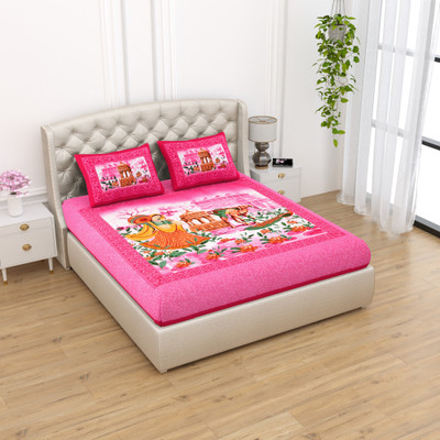Cosito 144 TC Cotton Double Jaipuri Prints Flat Bedsheet(Pack of 1, Pink)