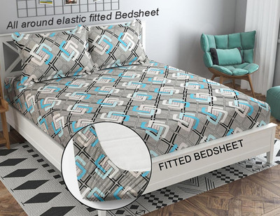 Loof Klapper 210 TC Cotton Double 3D Printed Fitted (Elastic) Bedsheet(Pack of 1, Multicolor-2)