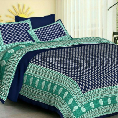 tripati sanganeri prints Cotton Double Flat 228 TC Jaipuri Prints Bedsheet(Pack of 1, Blue, Green)