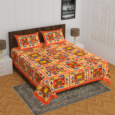 Indian Royal Fashion Cotton Double Flat 144 TC Printed Bedsheet(Pack of 1, Orange)