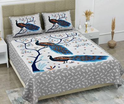 BharatLinen 144 TC Cotton Double Jaipuri Prints Flat Bedsheet(Pack of 1, Grey)