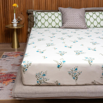 Urban Space Cotton Double Flat 200 TC Floral Bedsheet(Pack of 1, Amsterdam Valley Blue)