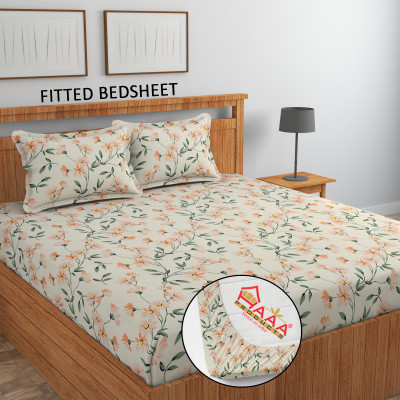 AAA PRODUCTS 320 TC Cotton King Printed Fitted (Elastic) Bedsheet(Pack of 1, Beige)