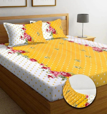 BLUEDOT Microfiber Double Fitted (Elastic) 200 TC Self Design Bedsheet(Pack of 1, Yellow)