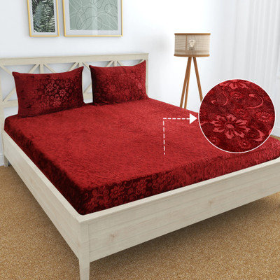 CLOVIS KRAFTS 240 TC Woolen King Self Design Fitted (Elastic) Bedsheet(Pack of 1, Maroon)
