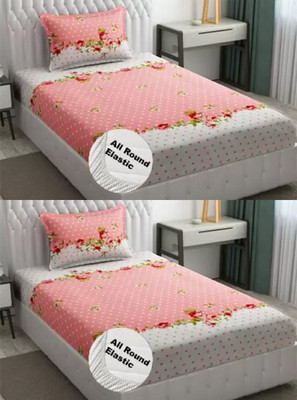 Nt@ub 210 TC Cotton Single Printed Fitted (Elastic) Bedsheet(Pack of 2, Pink)
