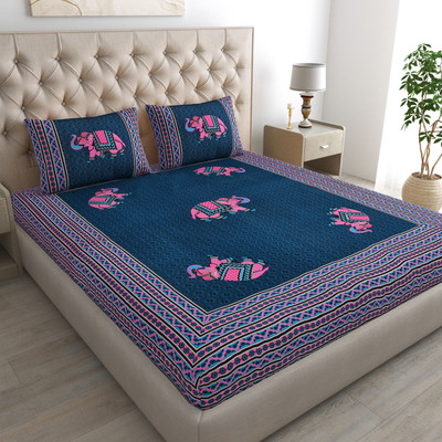 AjaHandloom Cotton Double Flat 165 TC Jaipuri Prints Bedsheet(Pack of 1, Blue)