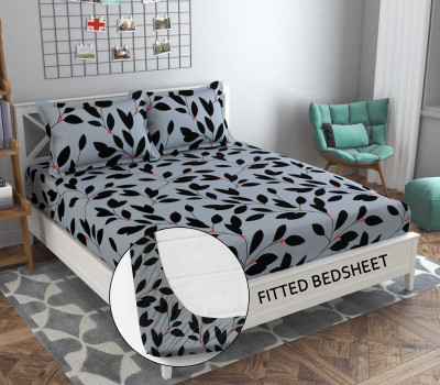 Decent Home 240 TC Cotton King Floral Fitted (Elastic) Bedsheet(Pack of 1, Grey Fits upto 6 inches mattress)