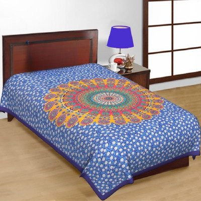 E ELMA 144 TC Cotton Single Jaipuri Prints Flat Bedsheet(Pack of 1, Blue)