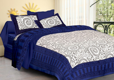 Tanish Fabrice Cotton Queen Flat 300 TC Jaipuri Prints Bedsheet(Pack of 1, Blue)