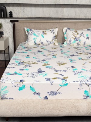 Urban Space 200 TC Cotton Double Floral Flat Bedsheet(Pack of 1, Cherry Blossom-Blue)