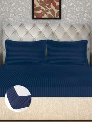 TURIYA 180 TC Microfiber Double Striped Fitted (Elastic) Bedsheet(Pack of 1, Blue)