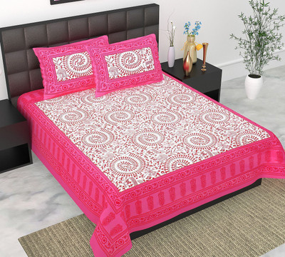 Satnam Prints Cotton Double Flat 144 TC Jaipuri Prints Bedsheet(Pack of 1, Pink)