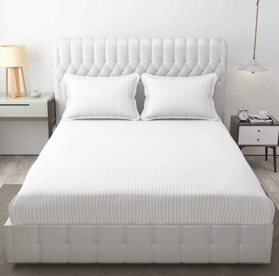 NeLeo 225 TC Polycotton Queen Striped Fitted (Elastic) Bedsheet(Pack of 1, White)