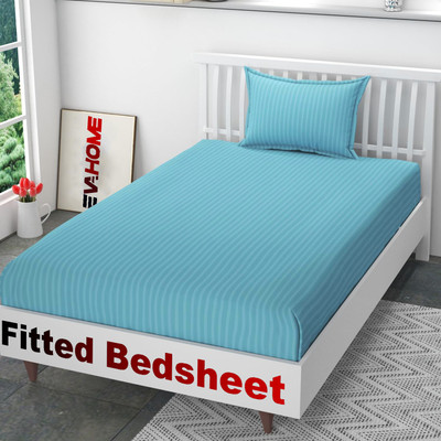 EVAHOME 300 TC Cotton Single Striped Fitted (Elastic) Bedsheet(Pack of 1, Aqua)