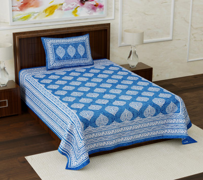 Balaji Creation 144 TC Cotton Single Jaipuri Prints Flat Bedsheet(Pack of 1, Blue)
