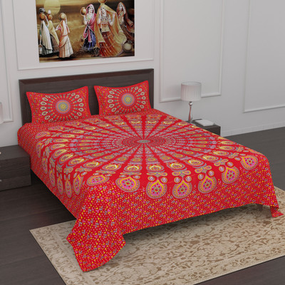 Loroco 104 TC Cotton Double Jaipuri Prints Flat Bedsheet(Pack of 1, Mandala Red-453)