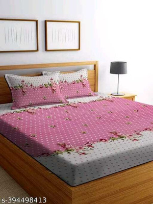 TrueBuy Cotton Double Fitted (Elastic) 320 TC Floral Bedsheet(Pack of 1, Pink)