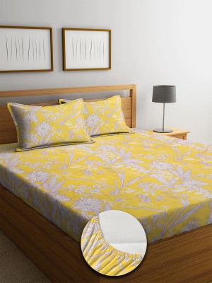 YUTERA 210 TC Cotton Double Floral Fitted (Elastic) Bedsheet(Pack of 1, Yellow)