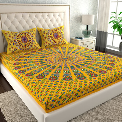 Cosito 144 TC Cotton Single Jaipuri Prints Flat Bedsheet(Pack of 1, Yellow)