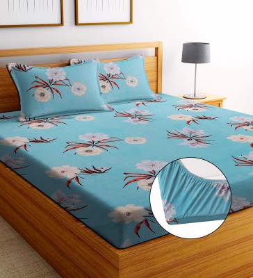 EXFAB 244 TC Cotton King Printed Fitted (Elastic) Bedsheet(Pack of 1, BLUE LILY)