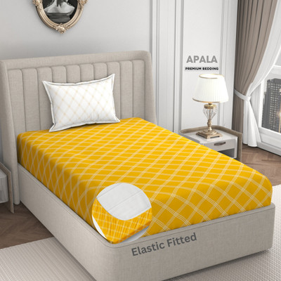 Apala 280 TC Microfiber Single Geometric Fitted (Elastic) Bedsheet(Pack of 1, Yellow & White)
