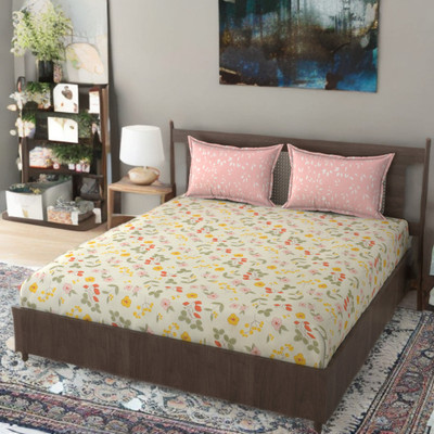 Saarvi creation Cotton, Microfiber Double, Queen Fitted (Elastic) 300 TC Printed Bedsheet(Pack of 1, Multicolor, Pink)