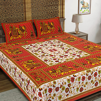Rajasthani Jaipuri Traditional Print 180 TC Cotton Double Jaipuri Prints Flat Bedsheet(Pack of 1, Multicolor)