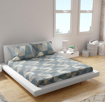 Kaashvi 220 TC Microfiber Double Striped Fitted (Elastic) Bedsheet(Pack of 1, Blue)