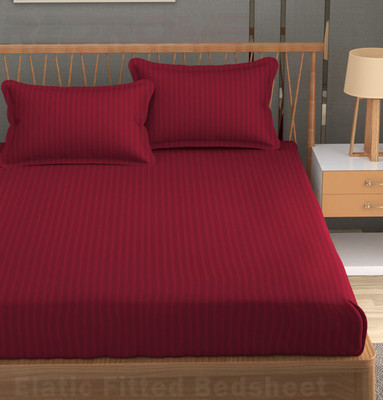 REDROME Cotton Double Fitted (Elastic) 300 TC Striped Bedsheet(Pack of 1, Maroon)