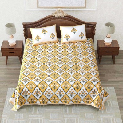 SPSON'S HANDLOOM 300 TC Cotton King Floral Flat Bedsheet(Pack of 1, Yellow)
