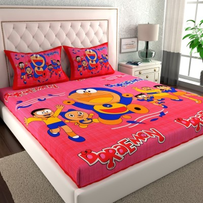 CLOTHOLOGY 144 TC Cotton Double Cartoon Flat Bedsheet(Pack of 1, Pink, Yellow, Blue)