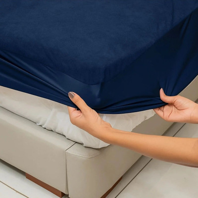 Blufurn Cotton King Fitted (Elastic) 200 TC Solid Bedsheet(Pack of 1, Blue)