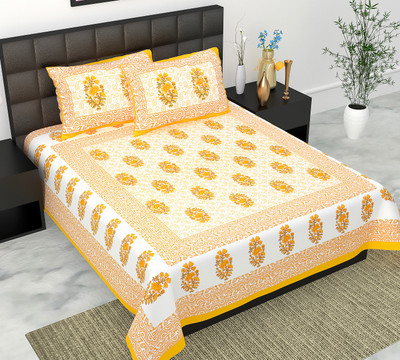 Indian Royal Fashion Cotton Double Flat 144 TC Jaipuri Prints Bedsheet(Pack of 1, Yellow)