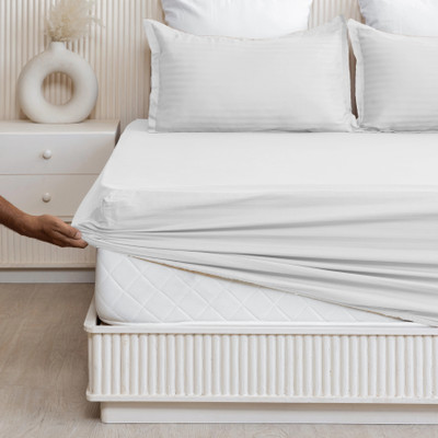 HOMEMONDE Cotton Super King Fitted (Elastic) 210 TC Striped Bedsheet(Pack of 1, White)