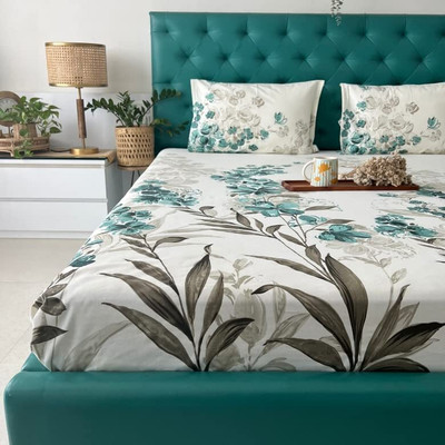 Urban Space Cotton Double Flat 200 TC Floral Bedsheet(Pack of 1, Majestic Aqua)