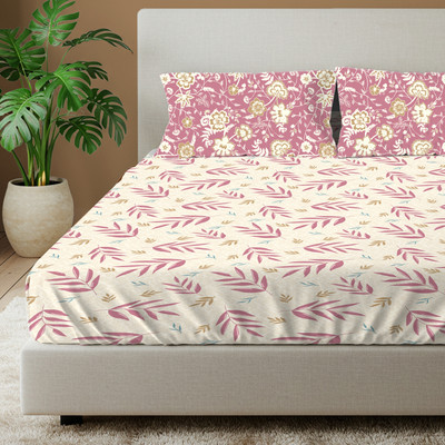 Urban Space Cotton Double Flat 144 TC Printed Bedsheet(Pack of 1, Pink, Peach, Green)