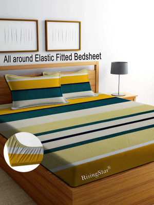 RisingStar Cotton King Fitted (Elastic) 250 TC Striped Bedsheet(Pack of 1, FITTED_Green_Leaf)