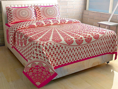 HouseOfCommon 110 TC Cotton Double Jaipuri Prints Flat Bedsheet(Pack of 1, Orange)