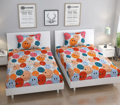 BROMWICK 280 TC Microfiber Single 3D Printed Flat Bedsheet(Pack of 2, Multicolor Smilies)