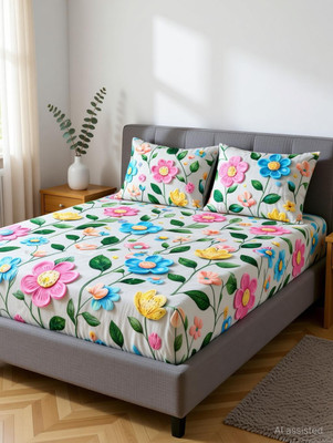 Rumps Cotton, Microfiber Double Fitted (Elastic) 350 TC Self Design 1 Bedsheet with 2 Pillow Covers(Multicolor81, 7d bedsheet)