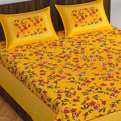 TRANSPIRE 144 TC Cotton Queen, Double Jaipuri Prints Flat Bedsheet(Pack of 1, Yellow)