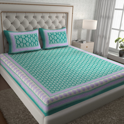 Mandakini 144 TC Cotton Double Jaipuri Prints Flat Bedsheet(Pack of 1, C Green)