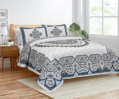 FABBON INDIA 280 TC Cotton King Jaipuri Prints Flat Bedsheet(Pack of 1, Blue, Grey)