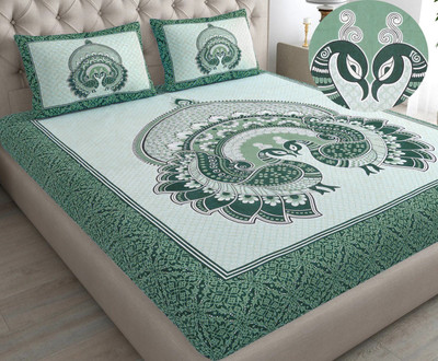 Mohini Dyeing Cotton Queen, Double Flat 144 TC Jaipuri Prints Bedsheet(Pack of 1, Green)