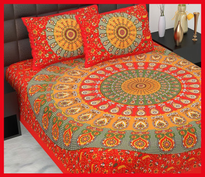 BedZone Cotton Double Flat 210 TC Jaipuri Prints Bedsheet(Pack of 1, Red)