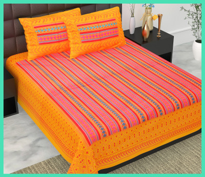 JAIPUR PRINTS Cotton Double Flat 144 TC Jaipuri Prints Bedsheet(Pack of 1, Orange)