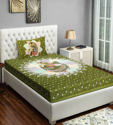 Ubania Collection 140 TC Cotton Single Jaipuri Prints Flat Bedsheet(Pack of 1, Green)